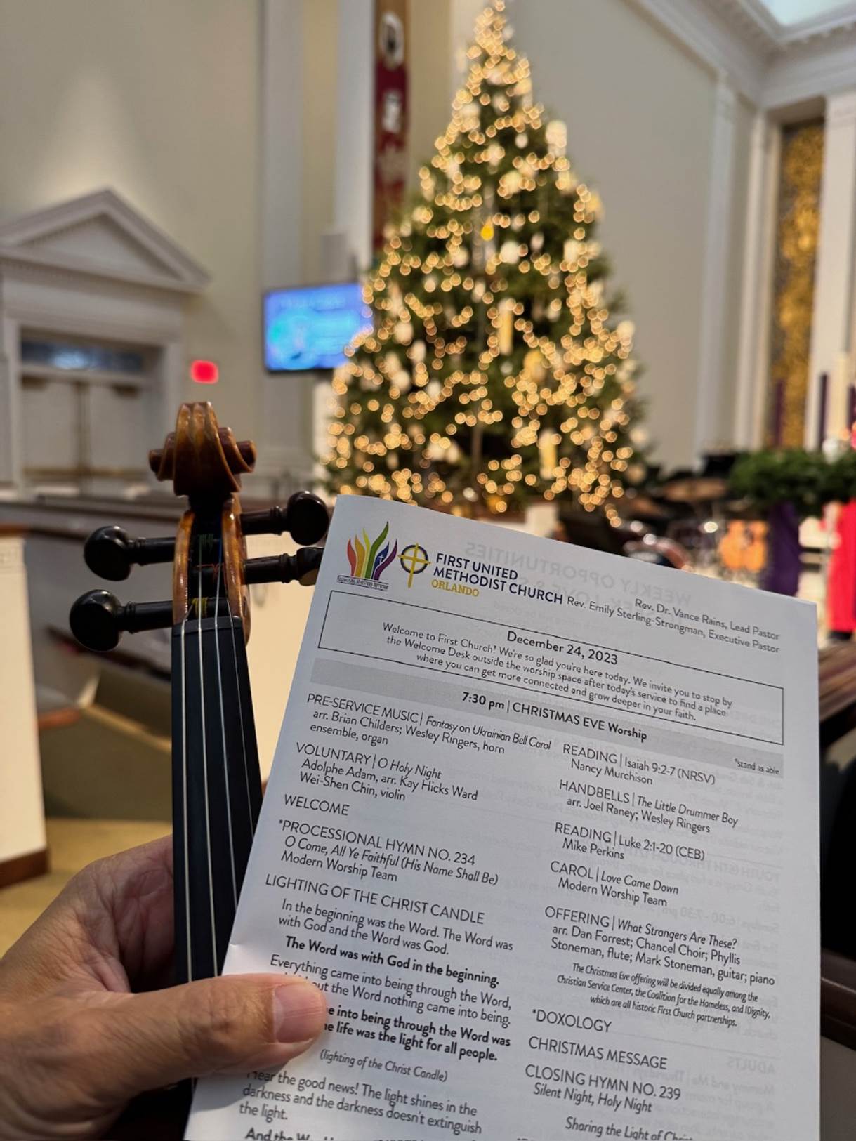 A hand holding a piece of paper with a christmas tree in the background

Description automatically generated